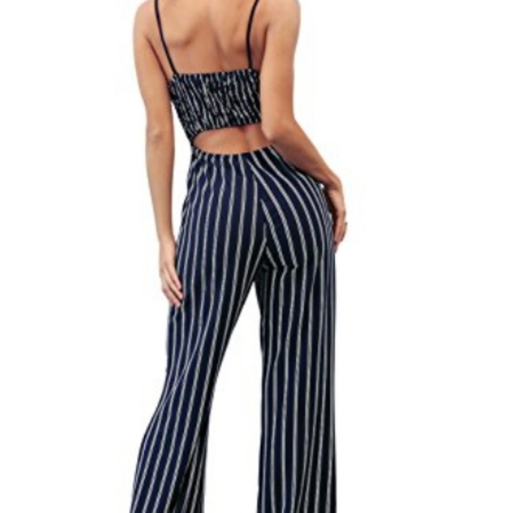 5 FOR $25 Sexy Spaghetti Strap Tie Front Pinstripe Jumpsuit - Picture 3 of 4
